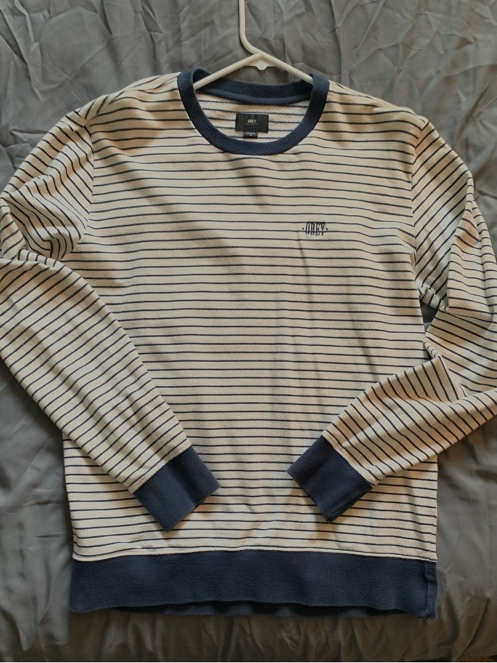 Obey Navy & Cream Striped Long-Sleeve Crewneck